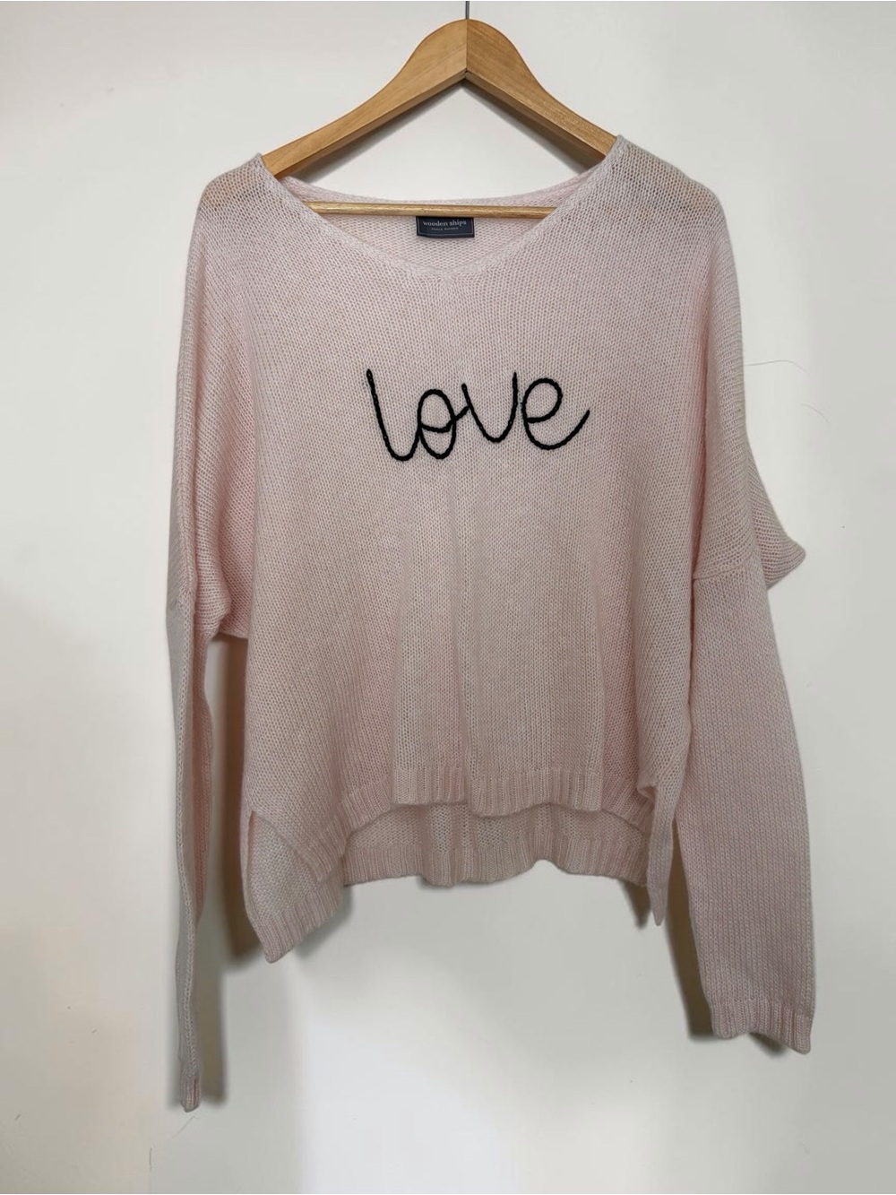 Wooden Ships Paola Buendia Mohair Wool Pink "Love" Cursive Knit Sweater M/L